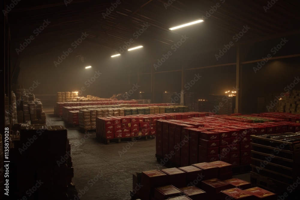 Poster a spacious warehouse filled with stacked boxes in low light, creating a mysterious atmosphere with s
