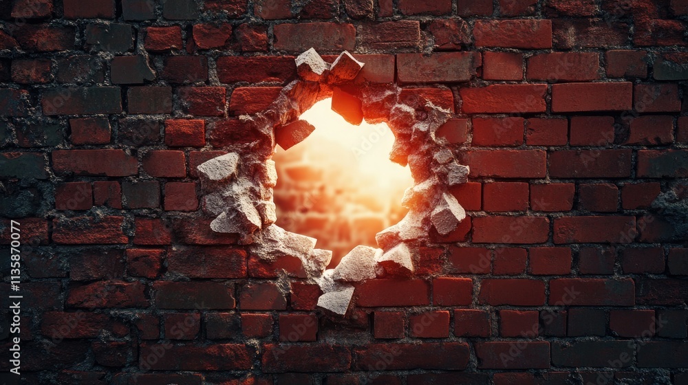 Poster a dynamic view through a cracked brick wall exposing a bright light source beyond, suggesting transf