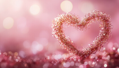 Obraz premium Delicate heart shape created with shimmering golden filigree, set against soft pink background, evokes feelings of love and warmth. Perfect for romantic themes and celebrations
