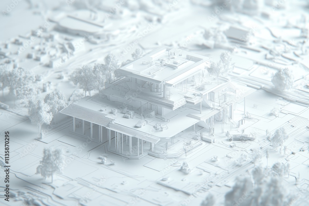 Poster abstract architectural model of a modern building with intricate details and clean lines in a light 