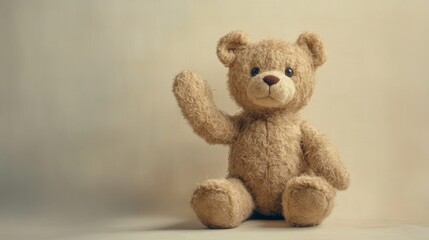 Obraz premium Vector cartoon plush cute beautiful little kind cuddly teddy bear with raised front paw, wants to say hello. Gift sitting favorite soft toy. Graphic sticker. Light background.