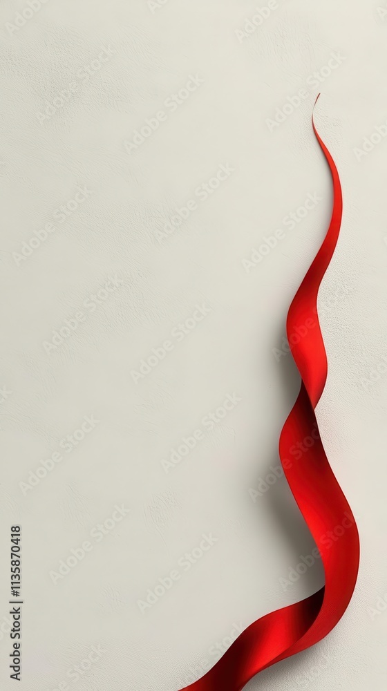 Poster elegant curve of red silk ribbon glowing softly, minimalist white background with ample text space.