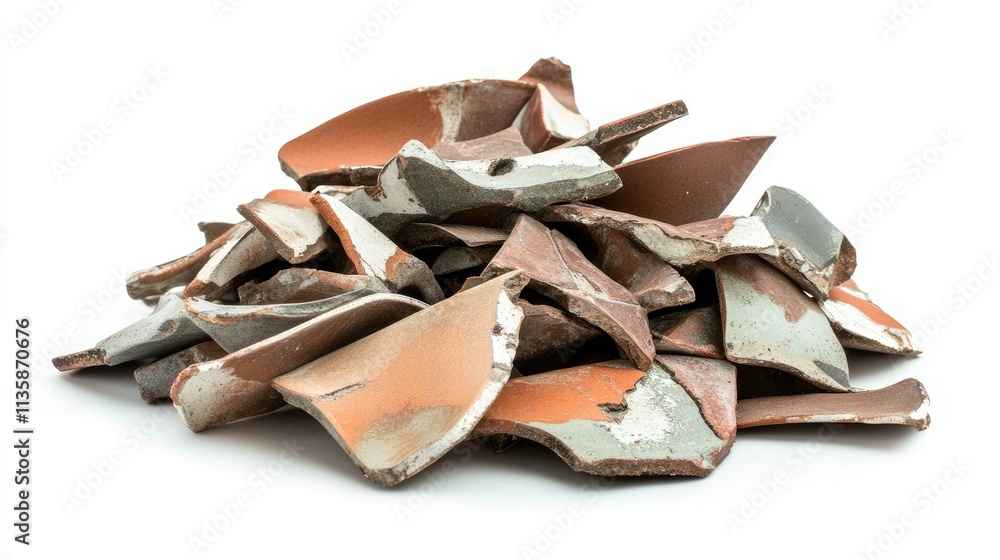 Poster abstract composition of colorful broken pottery shards piled together creating an artistic arrangeme