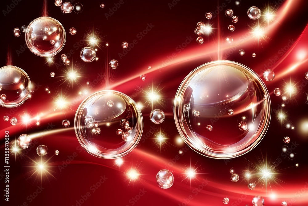Poster abstract composition of bubbles and lights on a dark red background creating a magical and enchantin
