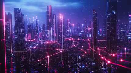 Fototapeta premium Smart digital Innovation city with connection network reciprocity over the cityscape. of future smart wireless digital city and social media networking systems that connects people with in city
