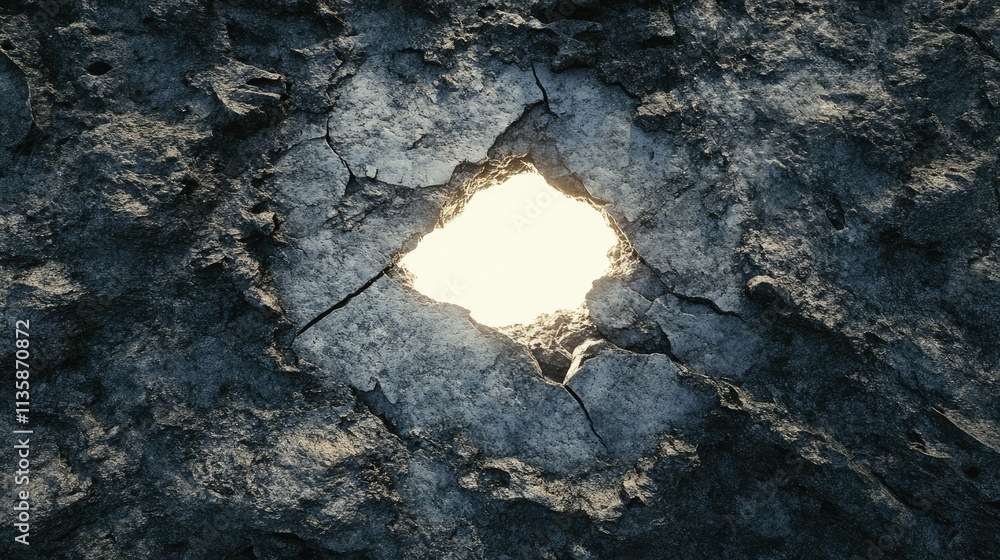 Poster hole in rough stone surface with bright light creating contrasting texture and depth in cracked rock