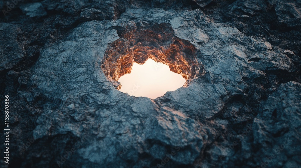 Poster Stunning View Through a Natural Rock Opening with Glowing Light Emphasizing the Intricate Texture and Unique Patterns of Stone by the Edge