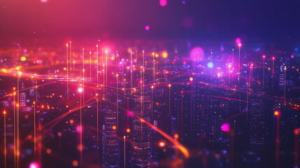 Obraz premium Smart digital Innovation city with connection network reciprocity over the cityscape. of future smart wireless digital city and social media networking systems that connects people with in city