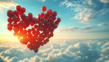 heart shaped arrangement of red balloons floats among fluffy clouds, creating whimsical and romantic atmosphere. warm sunlight enhances dreamy scene