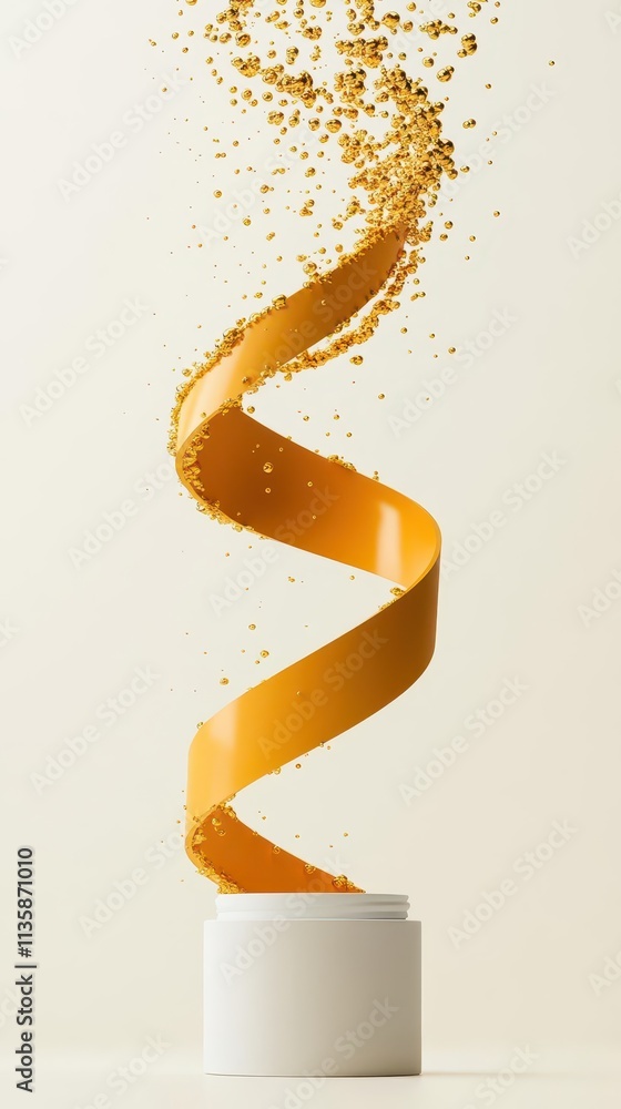 Poster the dynamic golden ribbon swirls gracefully through the air, in a minimalist white setting with ampl