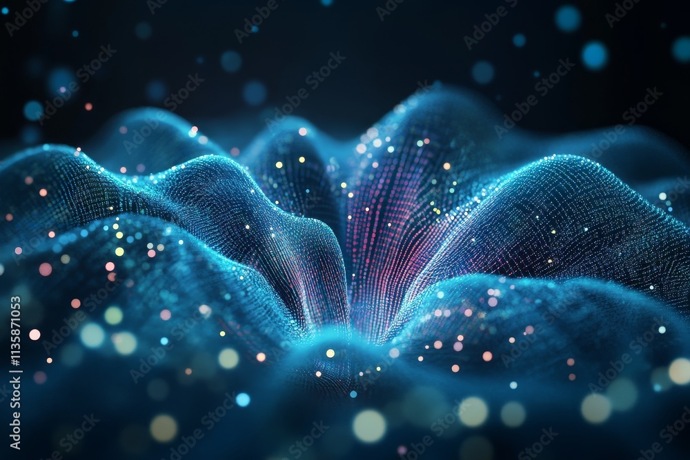 Fototapete abstract digital landscape with flowing waves and glowing particles, representing technology, data v