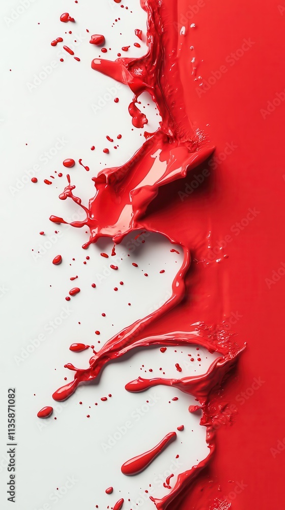 Poster a dynamic diagonal splash of metallic red paint against a clean white backdrop, perfect for adding t