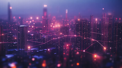 Fototapeta premium Smart digital Innovation city with connection network reciprocity over the cityscape. of future smart wireless digital city and social media networking systems that connects people with in city