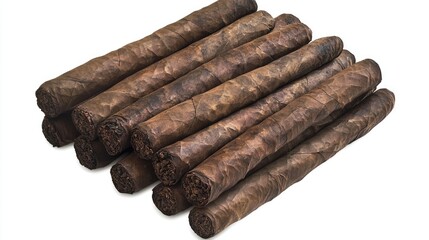 A Close-Up View of Hand-Rolled Brown Cigars Arranged Neatly on a White Background, Perfect for Illustrating Luxury and Leisure Themes