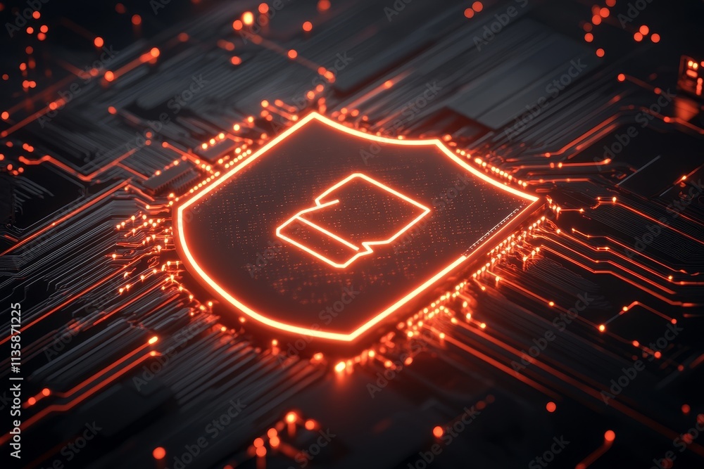 Aufkleber abstract digital shield on circuit board with glowing lines representing cybersecurity, technology a