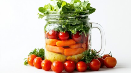 Isolated on white background, a fresh salad in a mason jar layered with leafy greens, cherry tomatoes, and carrots, lighting showcasing the vibrant colors and textures.