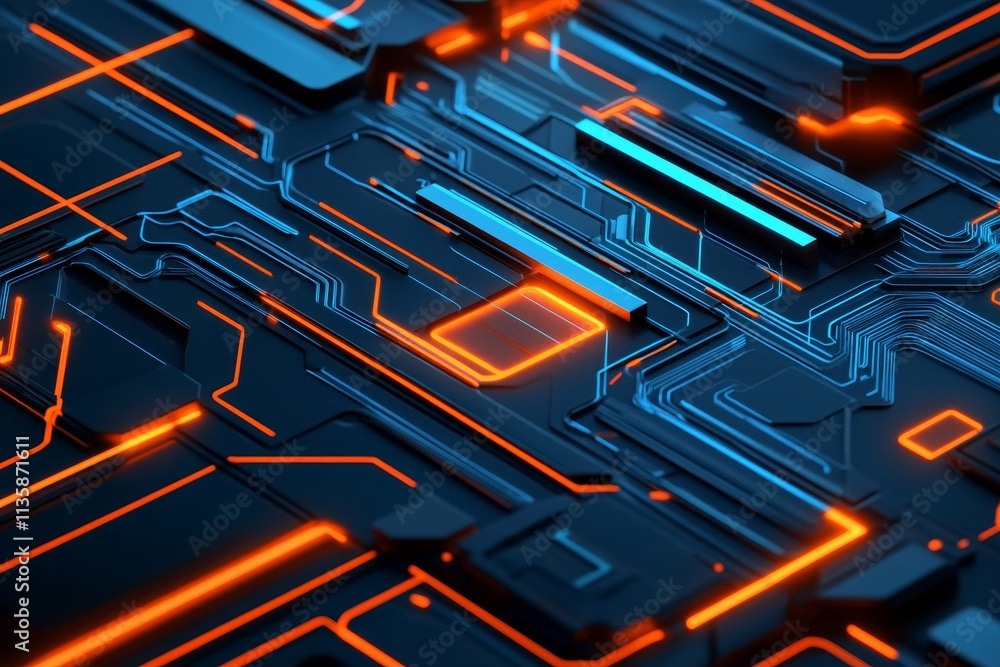 Poster abstract glowing circuit board background with blue and orange lines, showcasing intricate pathways 