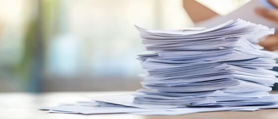 stack of financial paperwork is shown, with blurred person handling documents in background, creating sense of busy office life and organization