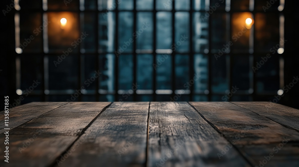 Poster rustic wooden table with soft lighting in industrial setting, emphasizing shadows and textures for c