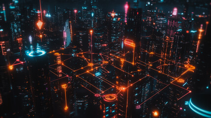 Obraz premium Smart digital Innovation city with connection network reciprocity over the cityscape. of future smart wireless digital city and social media networking systems that connects people with in city