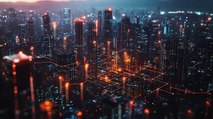 Fototapeta premium Smart digital Innovation city with connection network reciprocity over the cityscape. of future smart wireless digital city and social media networking systems that connects people with in city