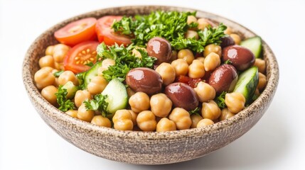 Isolated on white background, a rustic bowl of Mediterranean-style chickpea salad with olives, cucumber, tomatoes, and parsley.