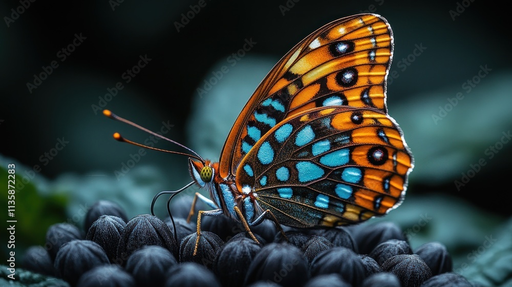 Poster a vibrant butterfly perched on a textured surface, showcasing intricate patterns and colors.