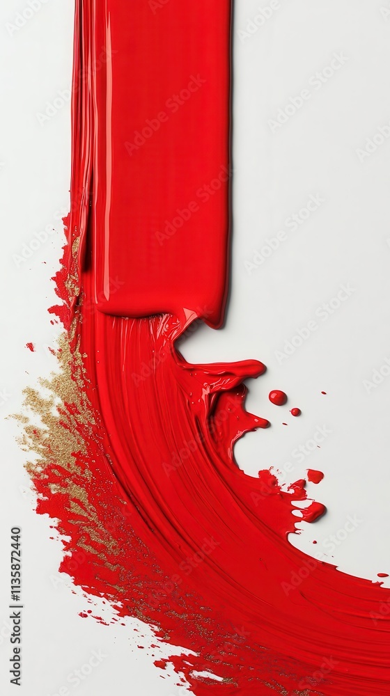 Poster abstract red and gold paint streaks creating a wave, against a crisp white backdrop with empty space