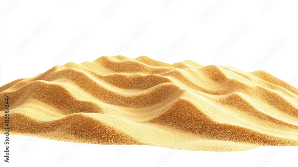Poster soft golden sand dunes creating gentle waves and patterns in bright light, isolated on white backgro