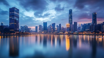 Obraz premium Modern City Skyline at Dusk Reflected on Water. Concept of Urban Development, Architecture, and Cityscape.