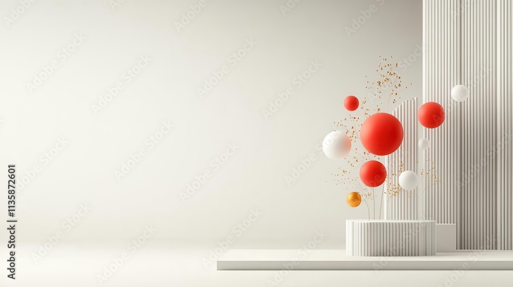 Poster abstract cluster of glowing red and gold spheres, sleek white minimalist layout with room for additi