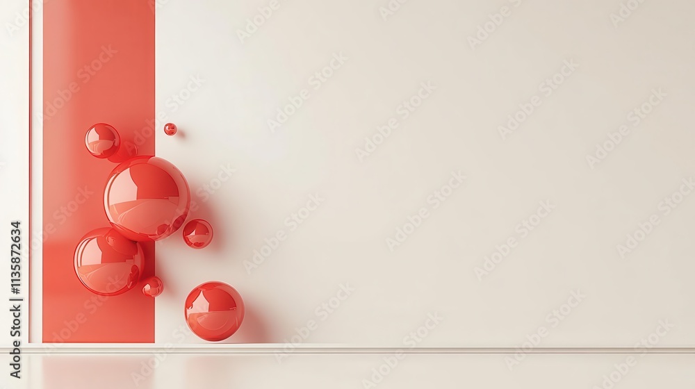 Poster a cascade of translucent red glass spheres, minimalist white backdrop with space for text to float e