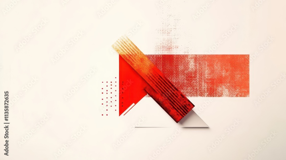 Poster abstract geometric patterns in gold and crimson, centered on a clean white backdrop with space for t