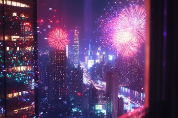 Multicolor fireworks over skyrise building. New year.