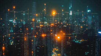 Obraz premium Smart digital Innovation city with connection network reciprocity over the cityscape. of future smart wireless digital city and social media networking systems that connects people with in city