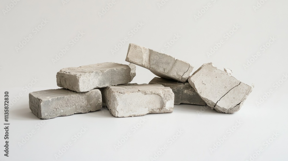 Poster piled cement bricks arranged on a light background showing various textures and surfaces for constru