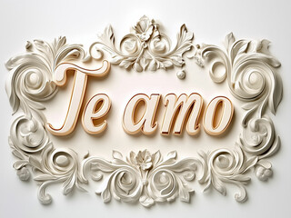 Ornate "Te Amo" art font design with gold lettering and intricate floral swirls, perfect for romantic occasions and decorations.