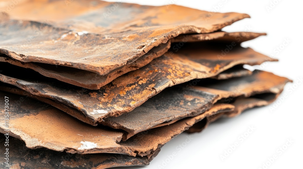 Poster weathered and rusty metal sheets stacked on one another, displaying textures and colors of corrosion
