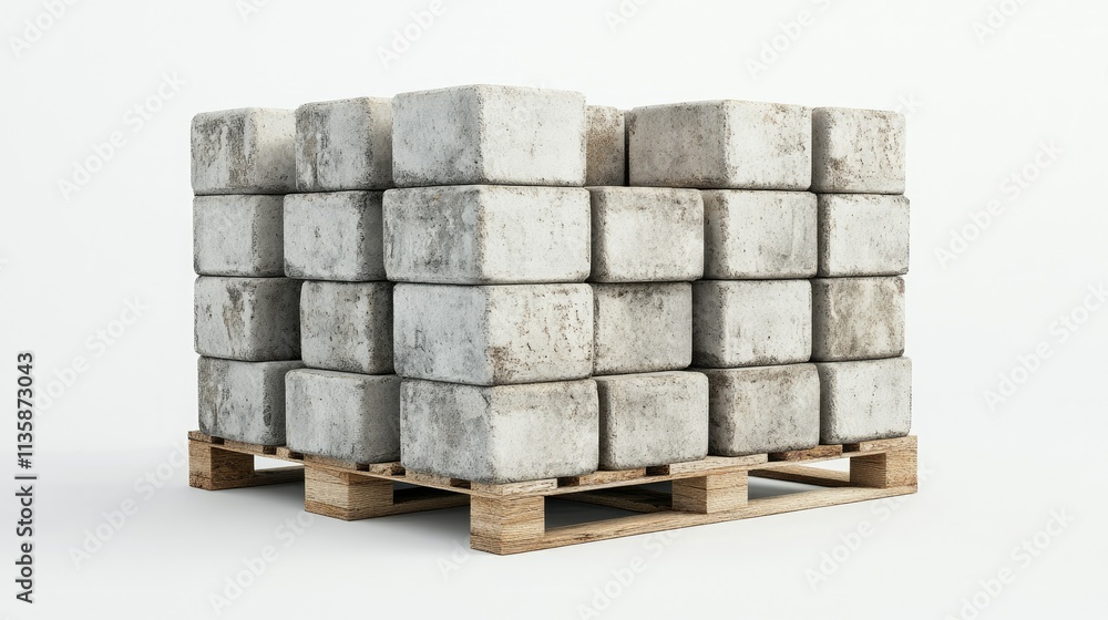 Poster stack of weathered concrete blocks on wooden pallet for construction and industrial use in a minimal