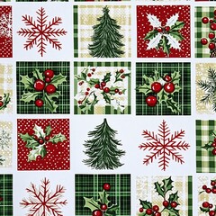 Christmas Fabric Patchwork Design Green Red Holly Snowflake Tree