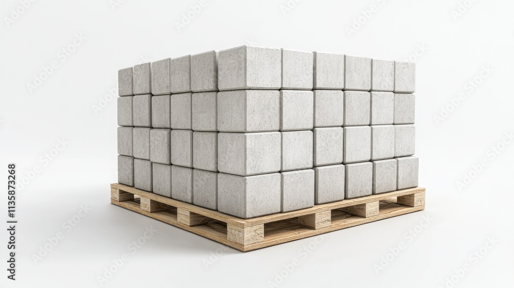 Poster stack of gray concrete blocks on wooden pallet ready for construction and building projects in an em