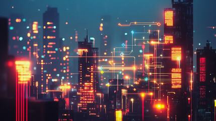 Fototapeta premium Smart digital Innovation city with connection network reciprocity over the cityscape. of future smart wireless digital city and social media networking systems that connects people with in city