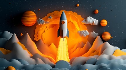 Rocket launching in colorful cosmic landscape with