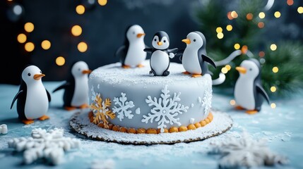 Obraz premium Festive penguin cake decorated with snowflakes. AI.