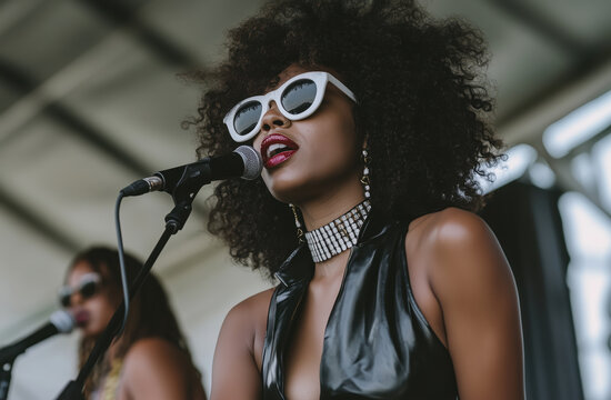 A stylish female singer wearing sunglasses and jewelry captivates the audience during a live performance at an outdoor music festival. The energy and charisma of the stage are palpable.