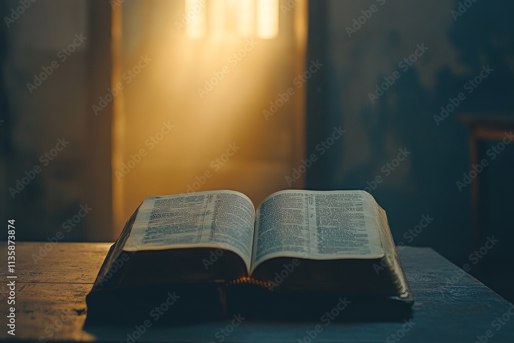 Poster an open book on a wooden table with soft light streaming through a doorway, creating a serene and re