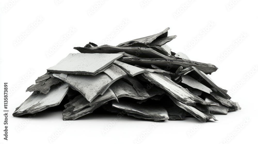 Poster pile of shiny metallic plates and flat scraps creating an industrial and modern aesthetic on a clean