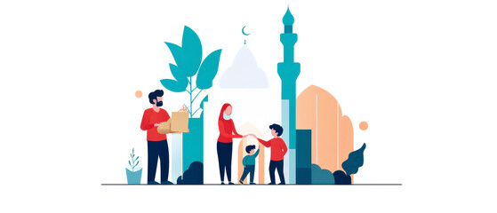 A vibrant illustration of a family engaged in community service, surrounded by greenery and urban elements, symbolizing togetherness and social responsibility.