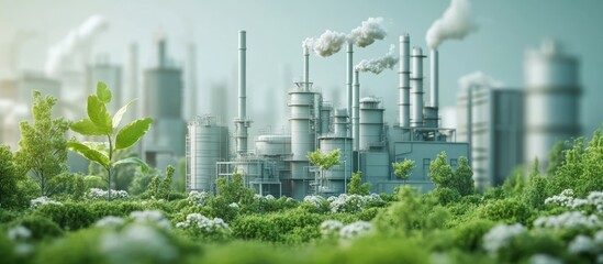 A small plant grows in the foreground with a factory emitting smoke behind it.