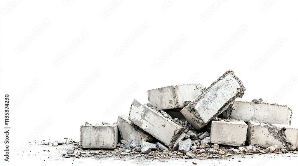 Poster pile of crumbled concrete blocks and debris on clean white background for construction or demolition